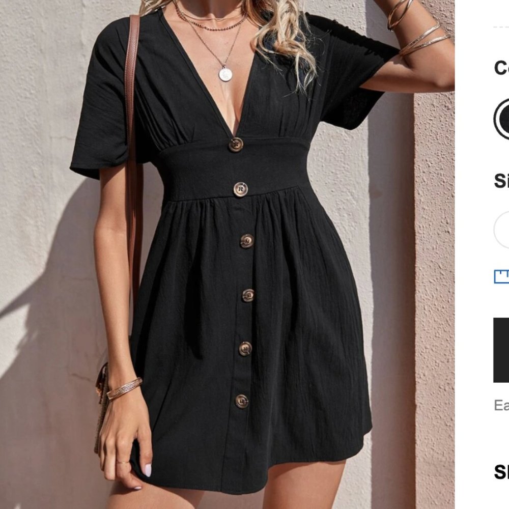 SHEIN Button Front Deep V Neck A-line Dress